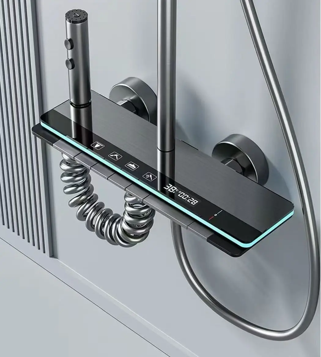 Intelligent LED Display Thermostatic Shower Set Black Piano Keys Bath Faucet System Soft Rainfall Ceramic Jet Massage Apartment - view 2