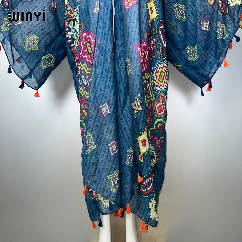 WINYI Boho Kimono Druck Frauen Mantel Lose Quasten Langes Kleid Strand Urlaub Schwimmen Cover Up Party Kleider Luxus Dubai Abaya