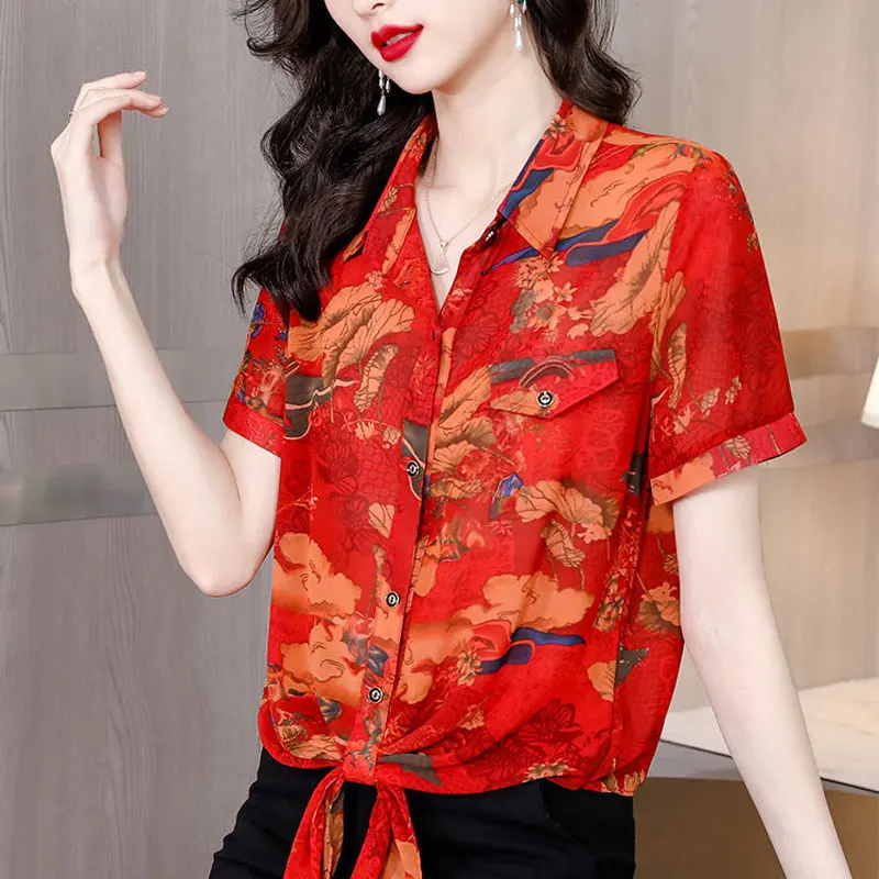 

Office Lady Vintage Printed Shirt Stylish Bandage Summer Short Sleeve Single-breasted Female Turn-down Collar Spliced Blouse New