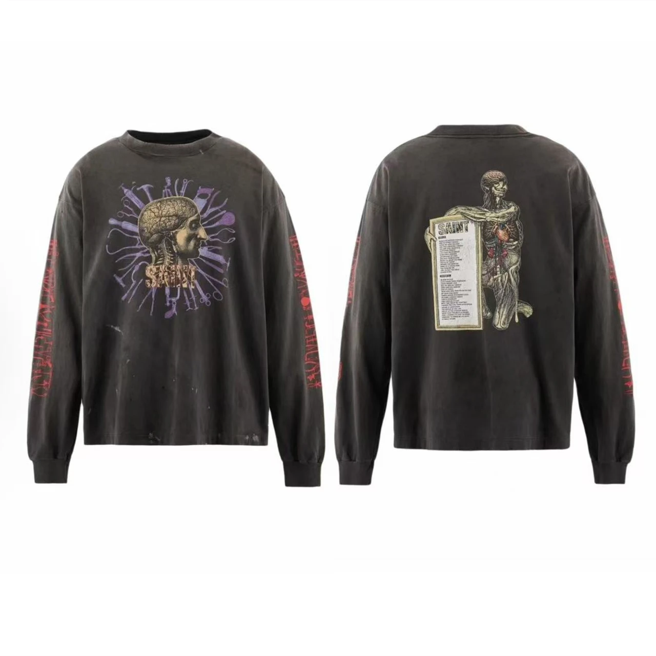 Washed Hole Saint Human anatomy patterns Long Sleeved T-Shirt Men Women Best Quality T Shirt Top Tee