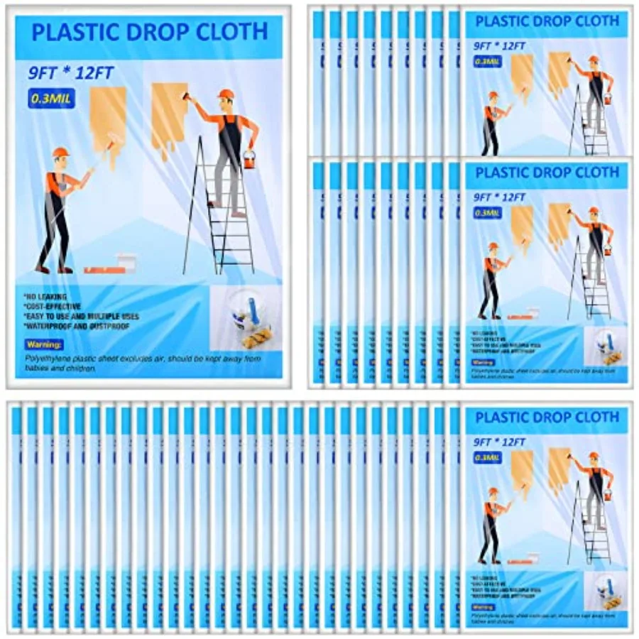 

50 Pieces Plastic Drop Cloths for Painting 9 x 12 ft Paint Drop Cloth Waterproof and Dust Proof Clear Plastic Sheeting for Furn
