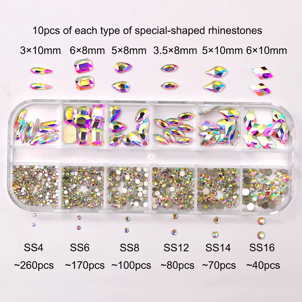 12Gird Box Multi Size Color Flatback Glass Rhinestones Nail Art Accessories Decorative Crystal Diamond DIY Crafts Stones