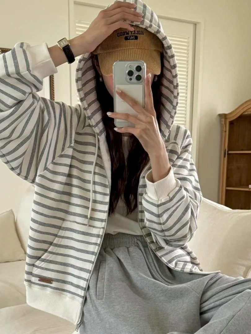 سترة بغطاء للرأس مخططة بتصميم كلاسيكي أمريكي Jaet للسيدات أنيقة وفضفاضة وكسول وسحاب مفتوح مجموعة شتوية #3