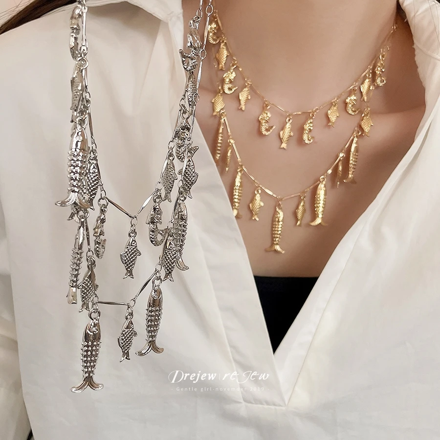 DREJEW Retro Metal Fish Double-layer Necklace Niche Design Fashion Clavicle Chain Personality Versatile Temperament Accessories