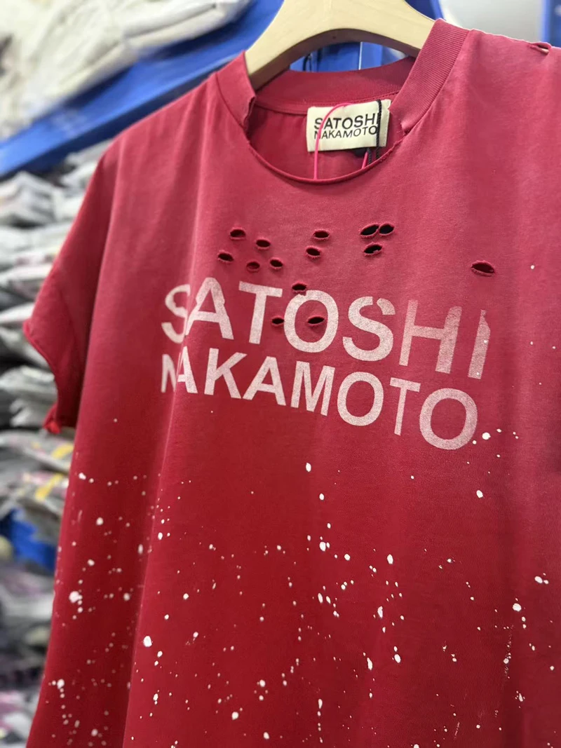 Hip Hop Streetwear Self Matching Layering 2-piece Set Men Women SATOSHI Tshirts Viantge Worn Out Fading Letter Splashed Ink Tops
