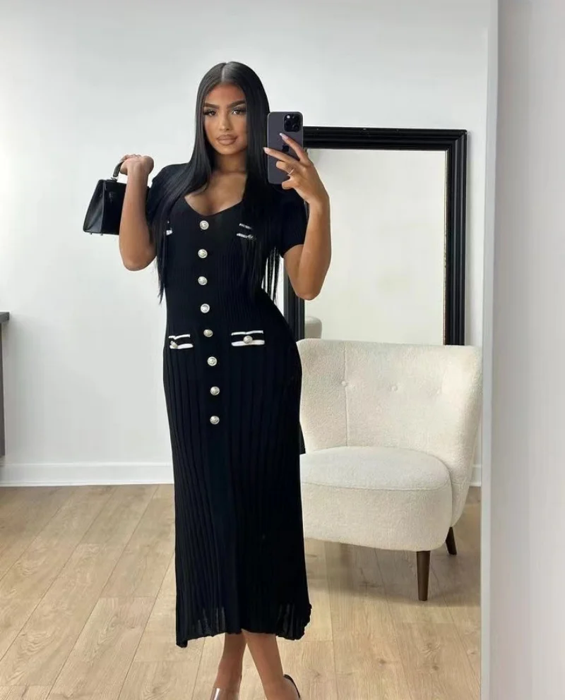 Eleganckie, dzianinowe sukienki maxi Bodycon z krótkim rękawem, falbankami, jednorzędowe, 2025, nowa sukienka Casual Communte Streetwear Vestidos
