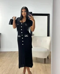 Elegant Knitted Maxi Dresses Bodycon Short Sleeve Ruffles Single Breasted 2025 New Dress Casual Communte Streetwear Vestidos