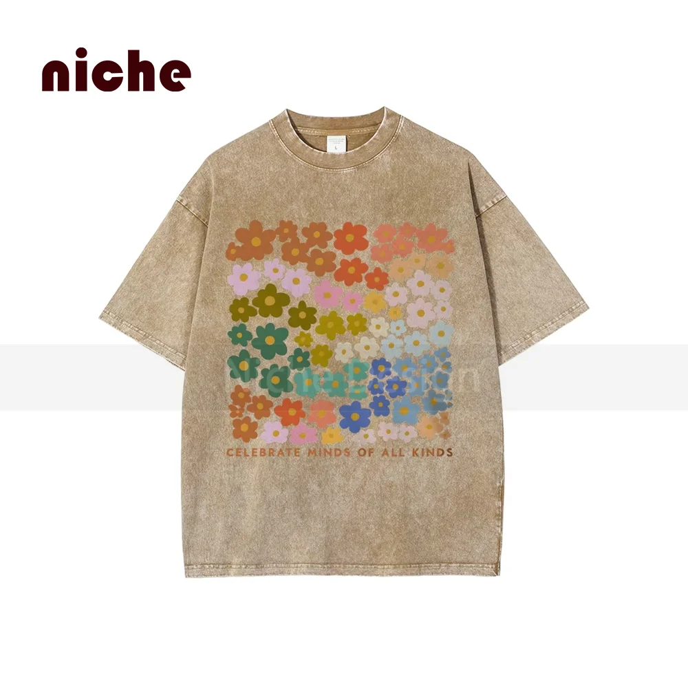 100% Color Flower Letter Print T-Shirt Loose Retro Old Shoulder Wash Couple Clothing Designer New Trend Summer Short Sleeves