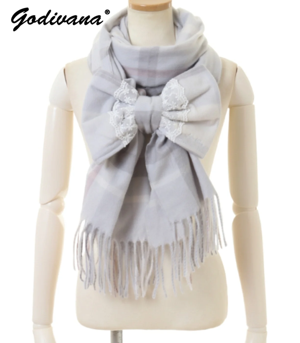 Japanese Liz New Lazy Wind Girls Sweet Plaid Lace Bow Scarf Soft Warm Women\'s Winter Lolita Scarf