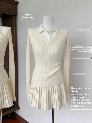 

Korean Style Preppy Knitted Set with A-Line Skirt Women's Sweet Temperament Two-Piece Suit Spring Autumn Fashion