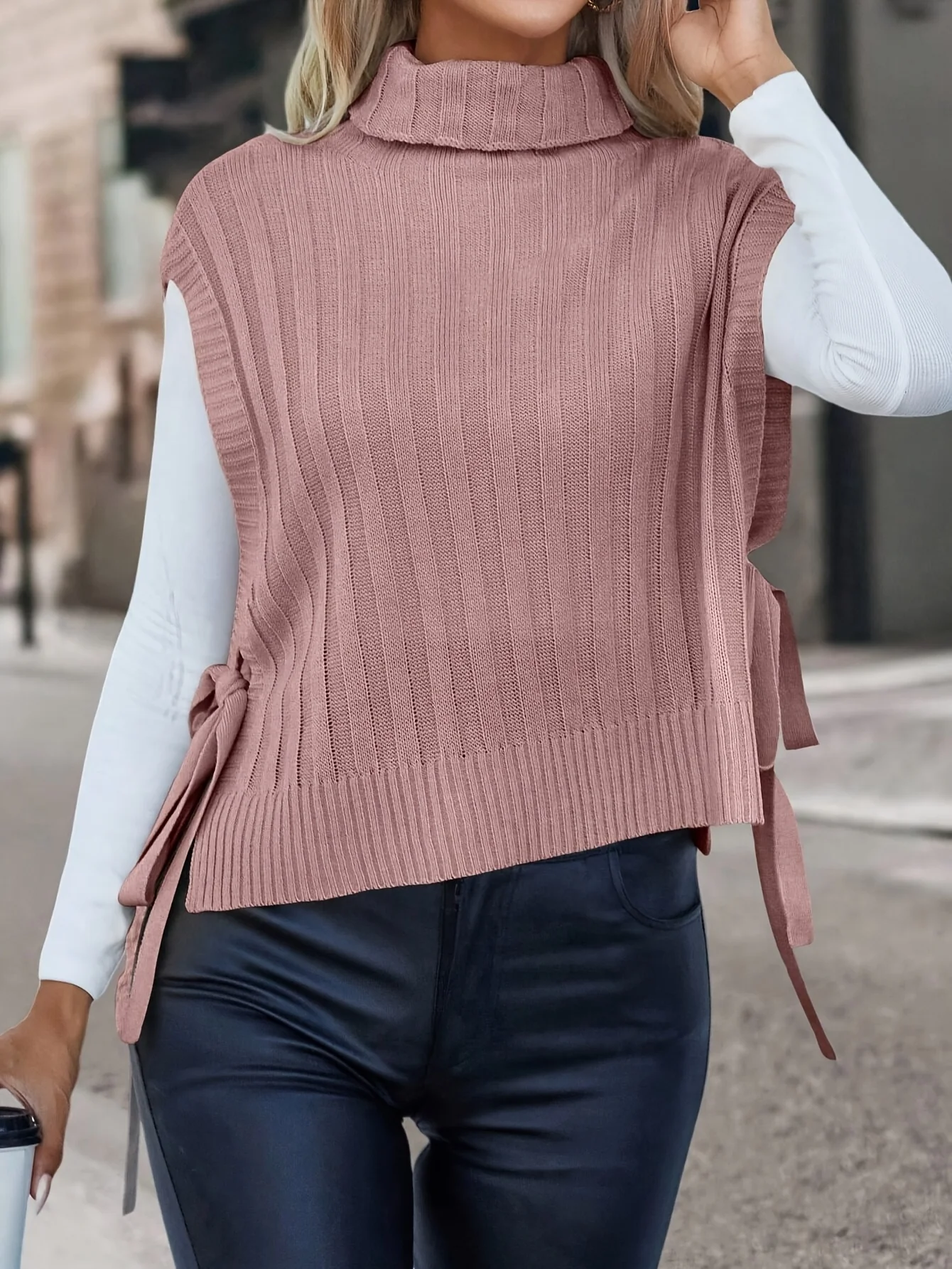 Novo pulôver de malha de gola alta feminino, camadas de cor sólida com cordões femininos, moda, versátil e relaxada, roupa externa