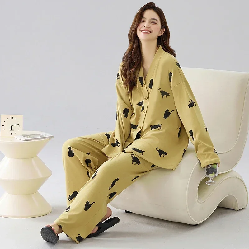 

Spring Autumn Long Sleeve Buttons Tops & Elastic Pants Pyjamas Black Plaid Pajamas Set, Women's Sleepwear & Loungewear Sets