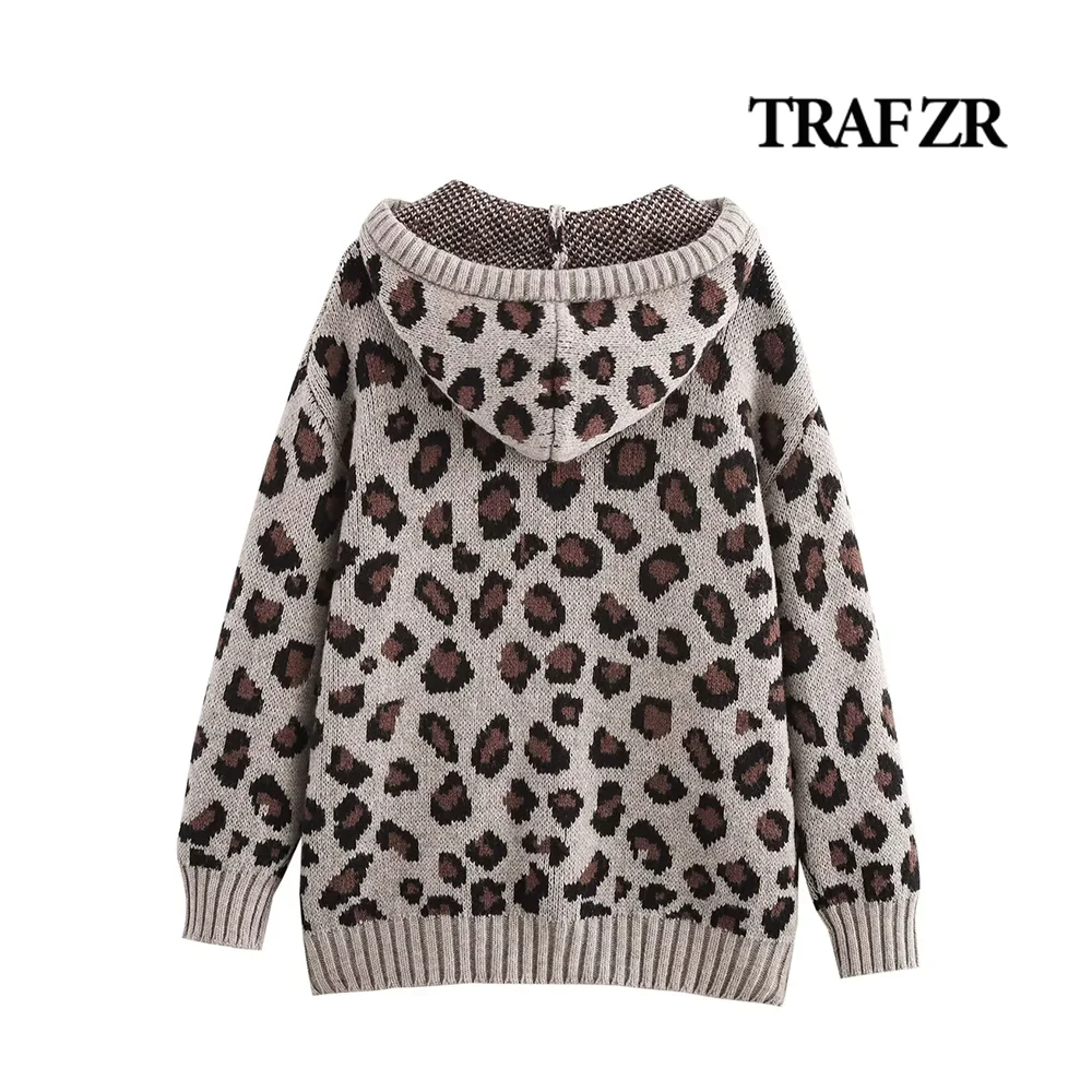 Animal Jacquard Knit Sweatshirt Y2k Harajuku Women's Hoodie with Drawstring Adjustable Hood&Ribbed Trims Long Sleeve Top