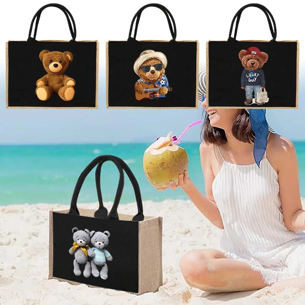 

Jute Bag Handbag Linen Shoulder Bag Sacks Jute Imitation Linen Bags Women Shopping Bags Designer Tote Bags Bear Pattern