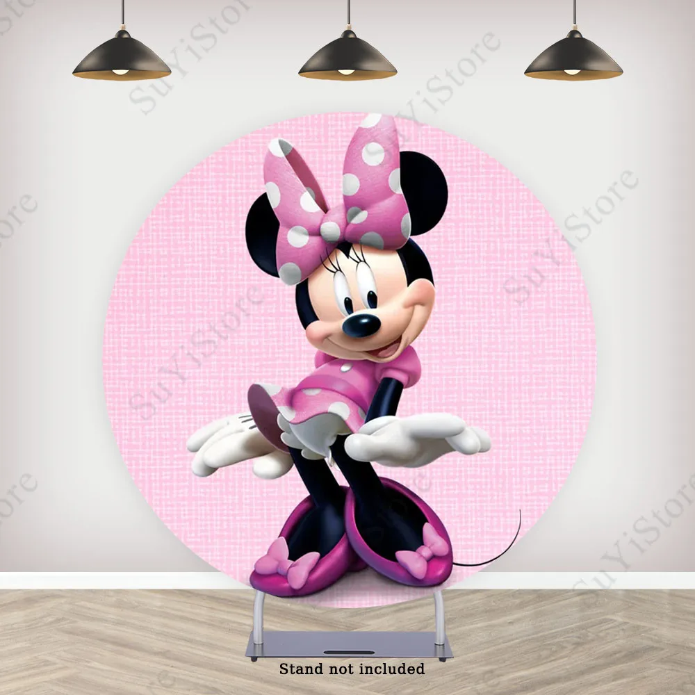 Disney Minnie Circle Photo Backdrop Girls Birthday Baby Shower Pink Mouse Round  Photography Background Cylinder Covers