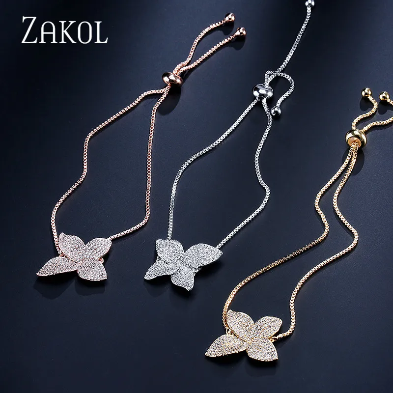 ZAKOL Fashion White Micro Paved Zirconia Crysyal Flower Adjustable Bracelet For Women Girl Bridal Wedding Party Jewelry FSBP2016