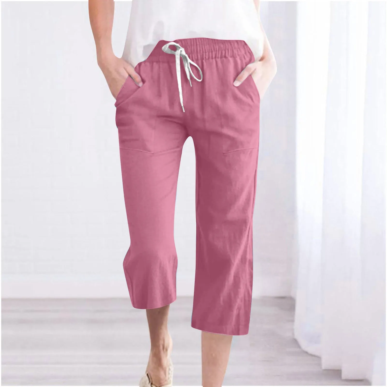 

Women's Casual Solid Color Elastic Waist Drawstring Cotton Linen Capri Pants With Side Pocket Summer 7 Length Pant 2024