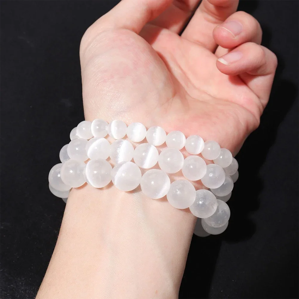 

4/6/8/10mm Selenite Bracelets Natural Round Healing Stone Feng Shui Reiki White Plaster Quartz Crystal Mineral Gemstones Jewelry