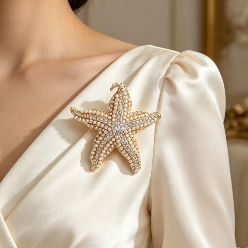 Simulate Pearl Starfish Women Brooch Pin Sparkling Sea Star Brooches Jewelry Gift