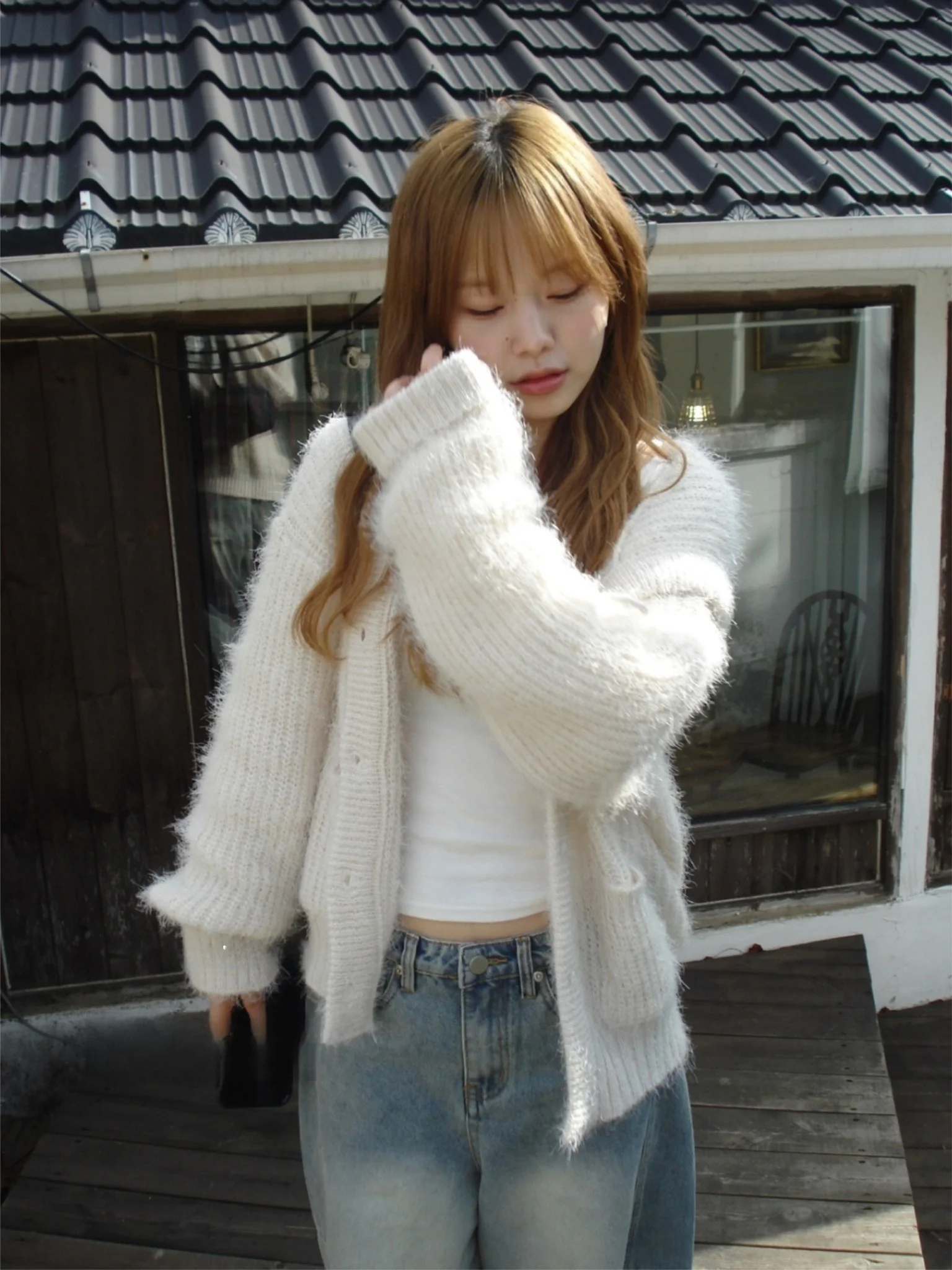 

Retro Japanese Sle Oversized Hooded Knitted Cardigan Lighter Sle Versatile Fluffy Coat Warmth Commute Sle Long Sve r...