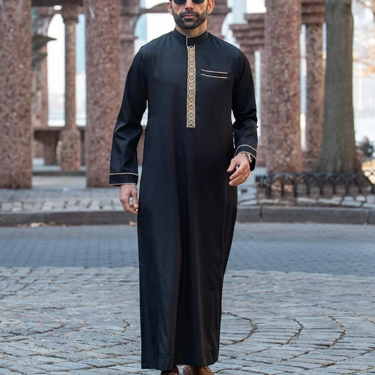 Islamic muslim Arabic men\'s robe long sleeve embroidered stand collar arabian thobe for men