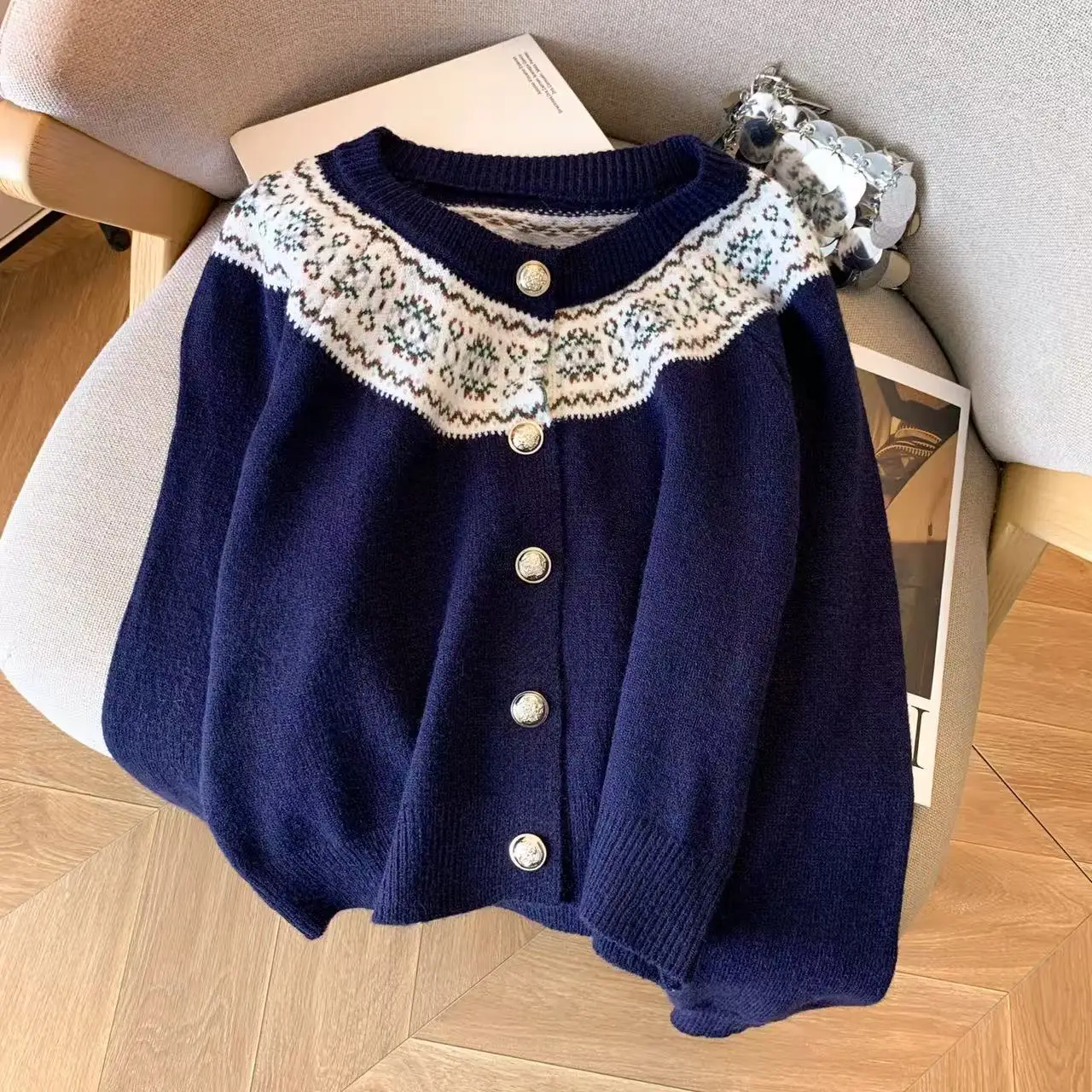 سترة نسائية باللون الأزرق الداكن برقبة دائرية سترة هاراجوكو عتيقة 2000s بأكمام طويلة ناعمة ومريحة من الكشمير سترة Cutecore للخريف #3