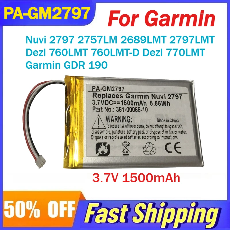 

3.7V 1500mAh PA-GM2797 Battery for Garmin Nuvi 2797 2757LM 2689LMT 2797LMT for Dezl 760LMT 760LMT-D 770LMT for Garmin GDR 190
