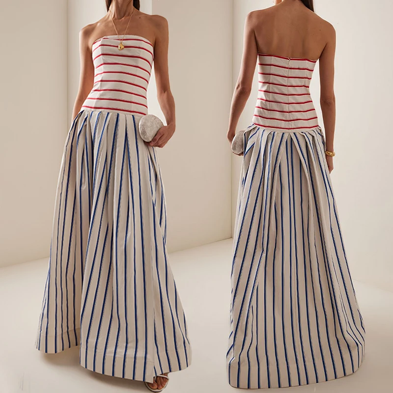 Flaxmaker Women Holiday Bandeau Striped Print Sling Maxi Dress Summer Off The Shoulder Party Vestidos Femme Long Dresses