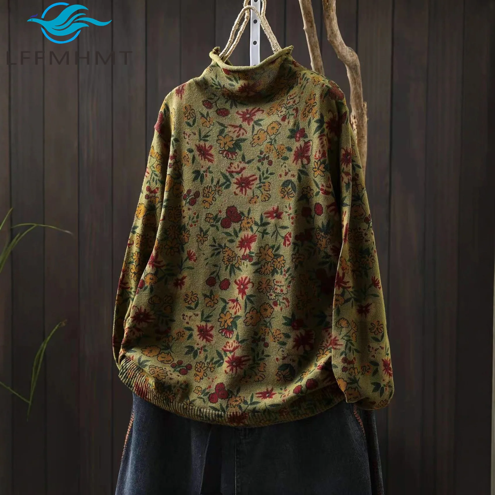 

Зимний винтажный хлопковый трикотаж с принтом, женский пуловер с полувысоким воротником и длинными рукавами, свитер в повседневном стиле, модные топы в стиле ретро