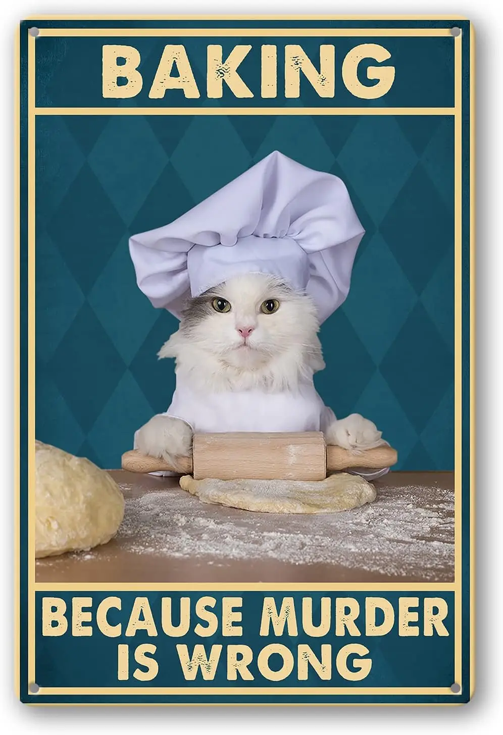 Baking Because Murder Is Wrong Sign Metal Tin Signs, Vintage Cat Is Cooking Art Poster Plaque Home Bar Wall Decor Bedroom Farmho