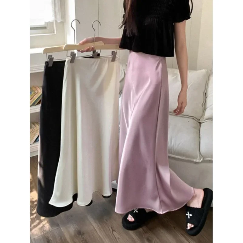 

2024 Korean New Fashion Elegant Women's Skirts High Waist Silk Satin A-line Skirt Lady Fashion Solid Long Skirts For Women Y2k