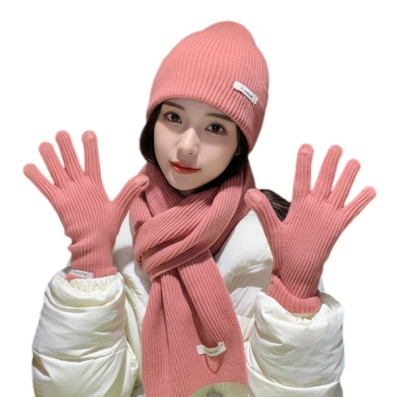 3pcs Winter Knitted Hat Scarf Gloves Set Ribbed Touchscreen Fingertips Warm Windproof for Daily Outdoor Commute
