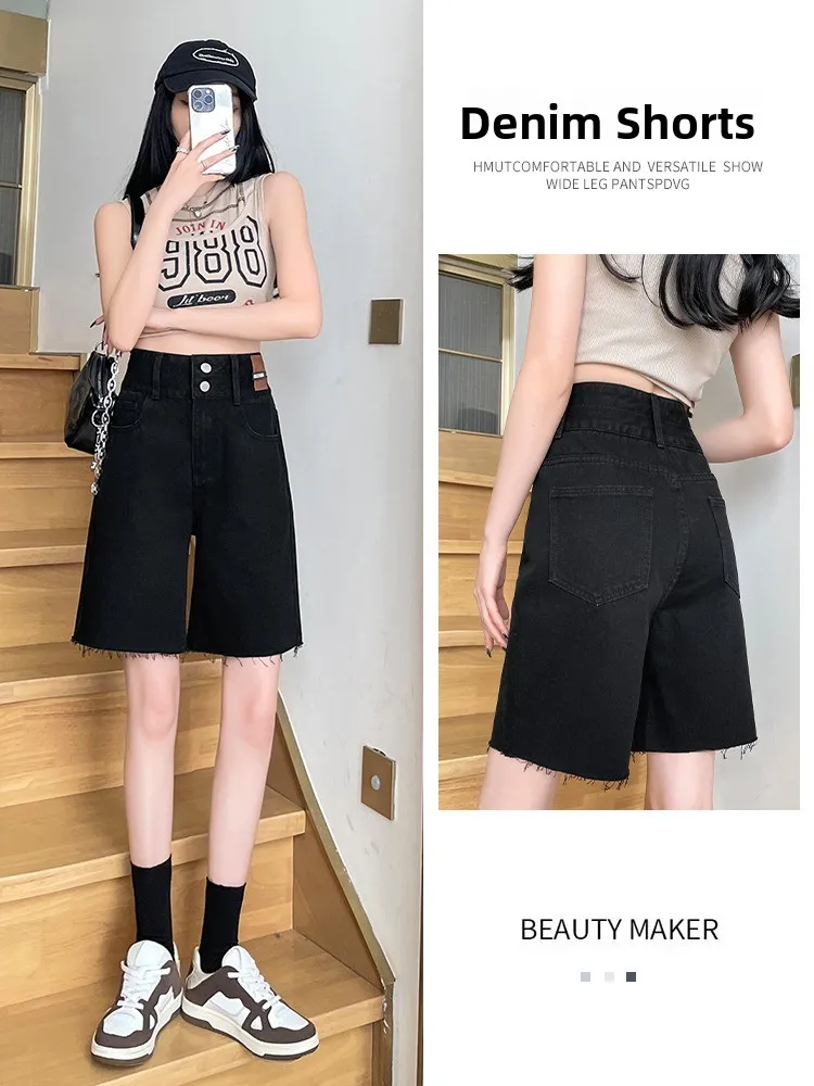 

High Waist Wide Leg Five-Quarter Jeans Shorts Women's Loose Fit Denim Cut-Offs Black Frayed Hem Summer Trend Straight Cut