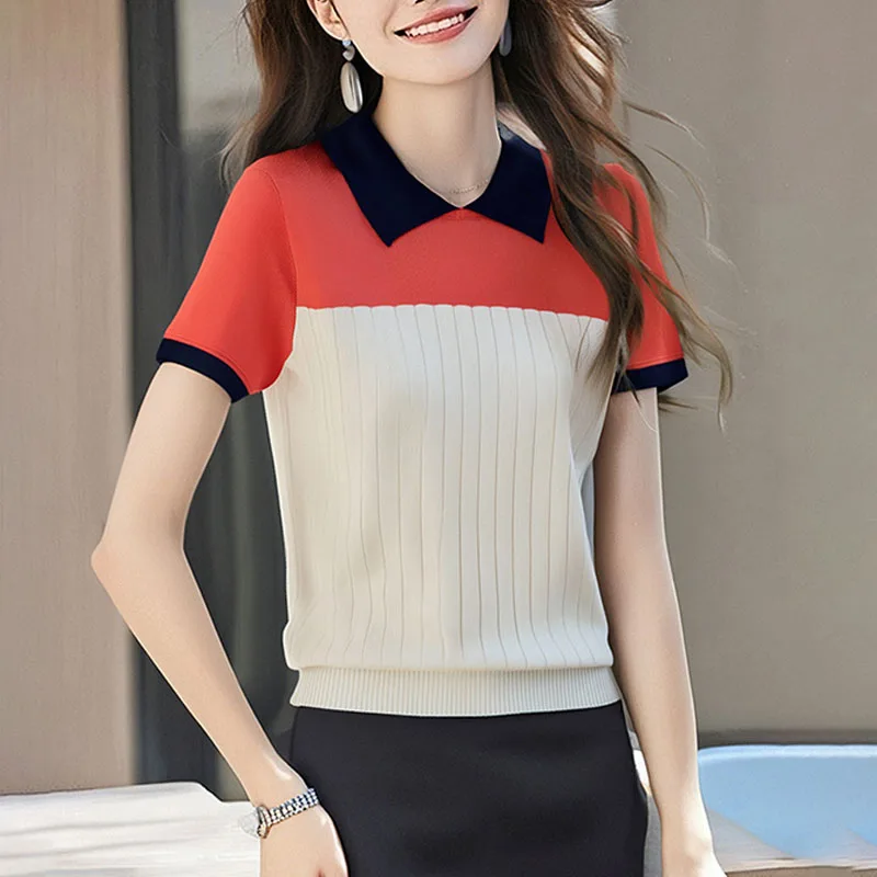 

Вязаный свитер, женские пуловеры с отложным воротником, лоскутный вязаный свитер, пуловер, женские топы, модные трикотажные изделия с короткими рукавами Q2666