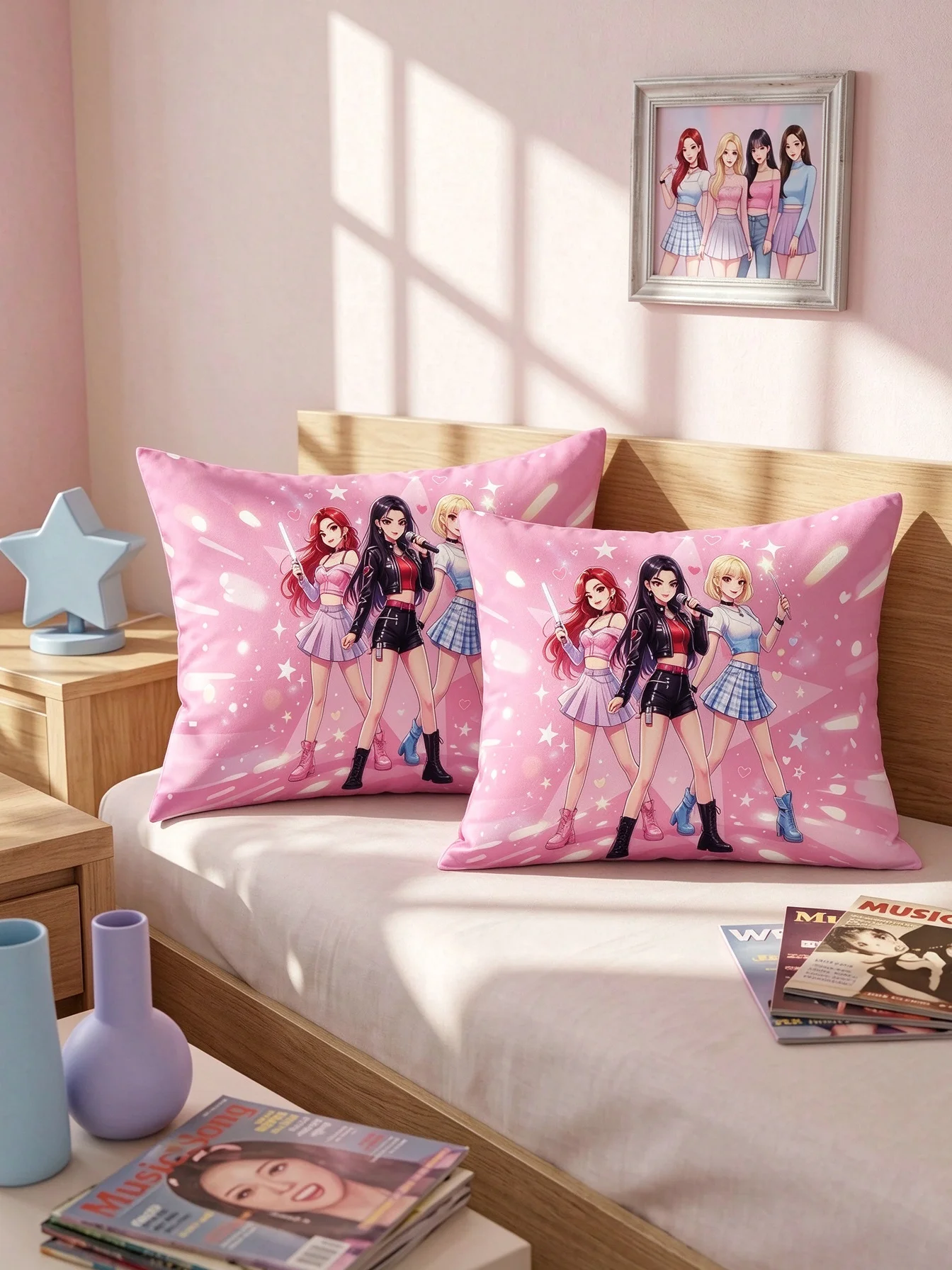 1pc Cartoon Girl Group Throw Pillow Cover Polyester 2D Double Sided Print Cute Anime Character Cushion Case Home Bedroom Sofa