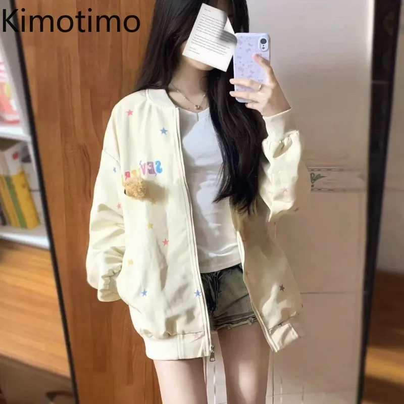 

Kimotimo, женские куртки с милым звездным принтом и буквенным принтом, осень 2023, повседневные свободные пальто с круглым вырезом на молнии, корейские модные универсальные топы Y2k