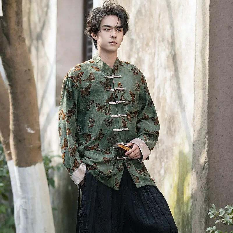 

Новый мужской костюм в китайском стиле: длинная рубашка с принтом, винтажный, в стиле Дзен, для выступлений, в древнем стиле Ханьфу, из смесового хлопка и льна