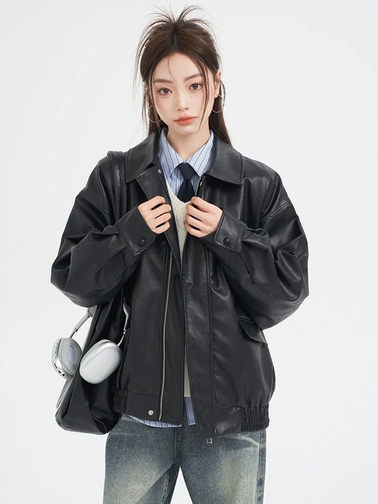 Bla americano sle ort couro jaet feminino início do outono 2025 nova motocicleta quente jaet conjunto topo doce sle longo sve