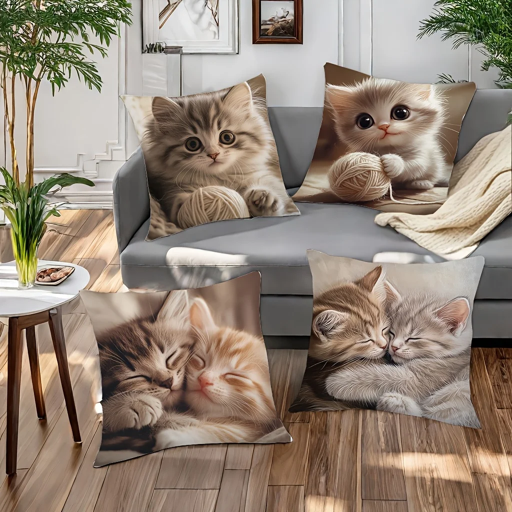 4Pcs Cute Kitten Pillow Covers 45x45cm Double-sided Printed Yarn Ball Sleeping Cat Cushion Cases Adorable Pet Lover Decor No
