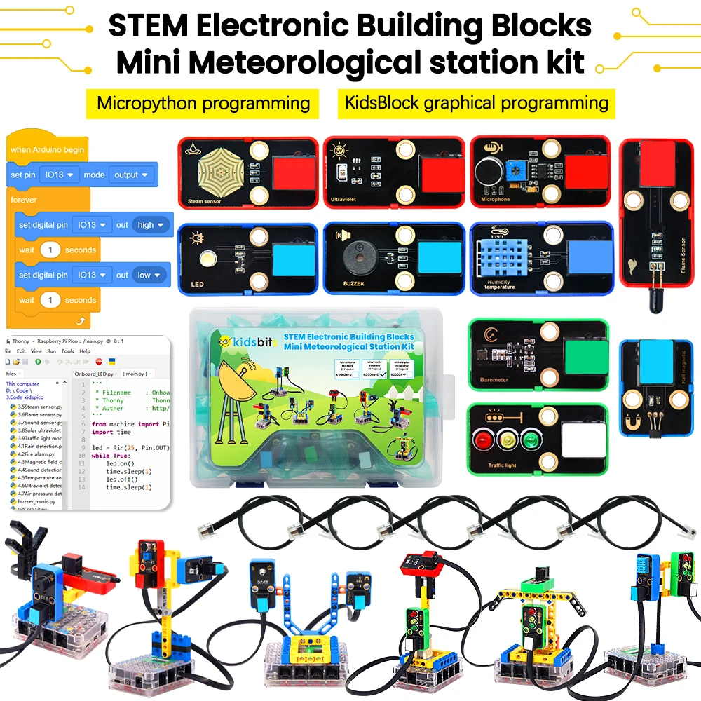 Kidsbits Mini Meteorological Station Kit STEM Electronic Building Blocks Compatible Lego Blocks For Arduino UNO&Pico& ESP32 IDE