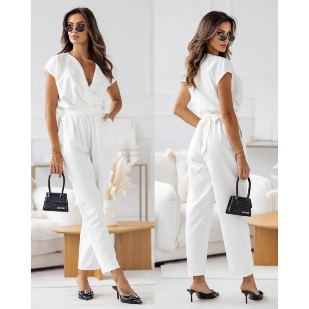 Women's New Short Sleeved Jumpsuit Pants With Elegant European And American Summer Style, Solid Color Slim Fit Women's Clothing