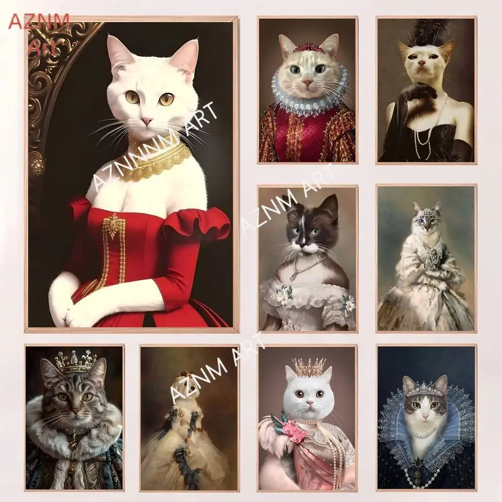Renaissance Royal Cat Funny Poster Print For Bedroom Living Room Home Decor Painting Wall Art HD Picture Mural