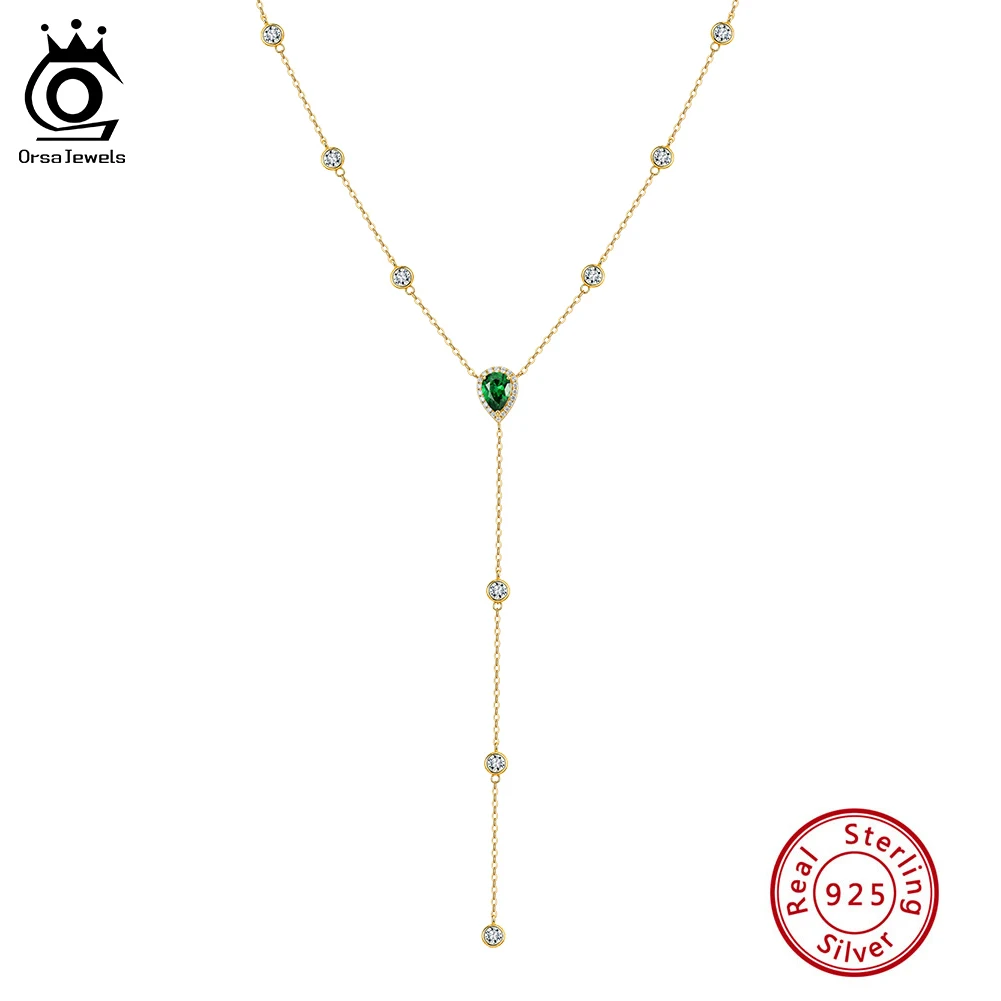 

ORSA JEWELS 925 Sterling Silver 5A Green Cubic Zircon Y Necklace Elegant Diamond Y Long Tassel Neck Chain Women Jewelry BQN39