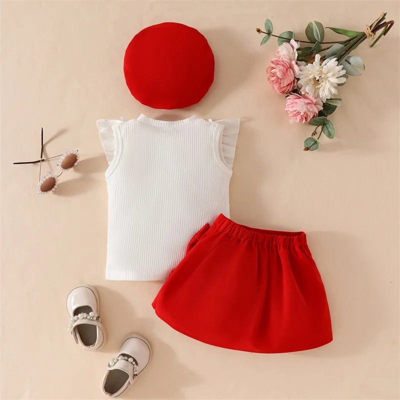 ملابس صيفية للفتيات الصغيرات بأكمام مضلعة ورقبة دائرية مع تنورة فيونكة صلبة ومجموعة من 3 قطع #2