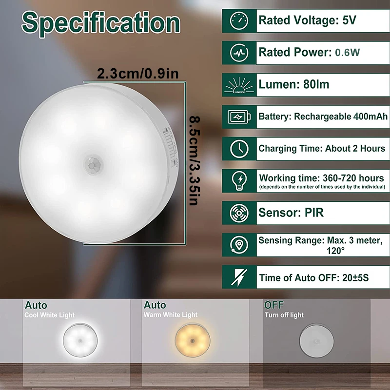 LED محس حركة ضوء ضوء الليل USB مصباح الليل القابلة لإعادة الشحن لخزانة المطبخ خزانة مصباح الدرج مصباح الخزانة