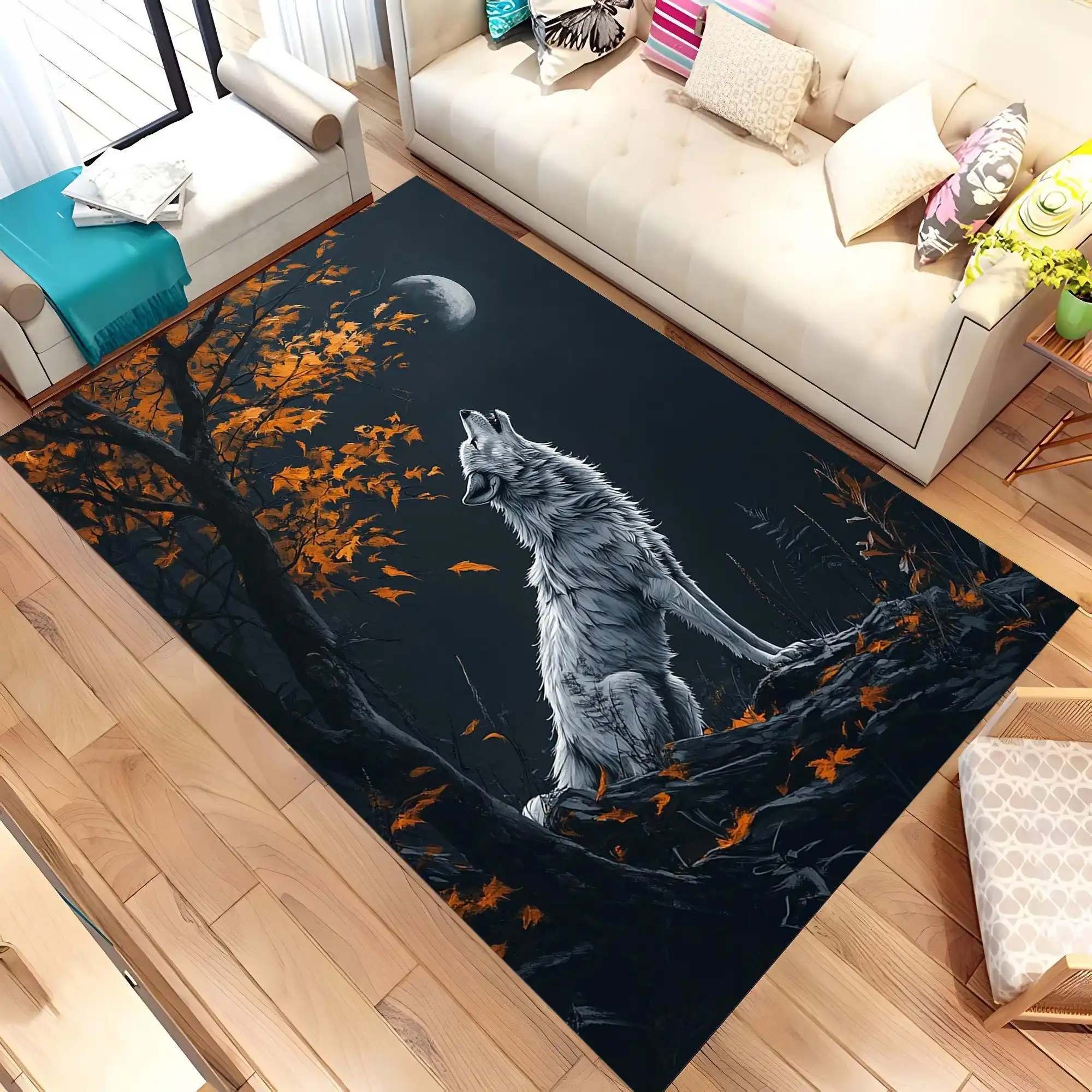 Vintage Floral Border Howling Wolf Full Moon Forest graphics Rug,Game Room Sofa Living Room,Non Slip Rug,Gift