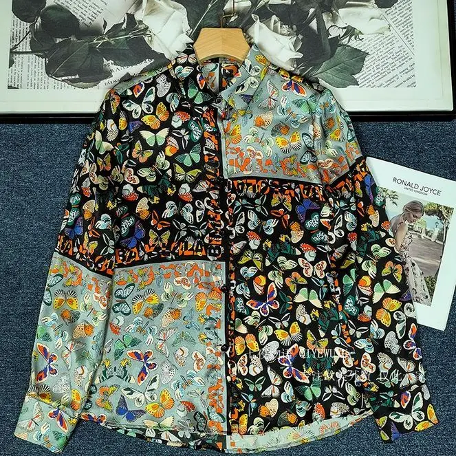 Women's high-end satin butterfly printed silk shirt long sleeved silk shirt European top