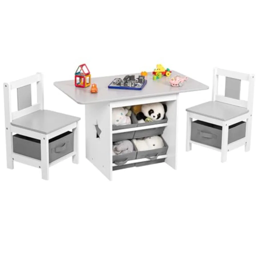 

Table and Chair Set 2 Chairs Included Wooden Toddler Desk Group with 6 Storage Bins Boxes 's Furniture Water Resistant (Gray)