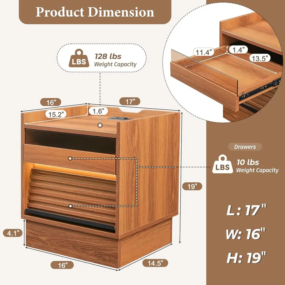 Modern nachtkastje uit het midden van de eeuw met laadstation en 2 lades, houten nachtkastje voor slaapkamer of woonkamer