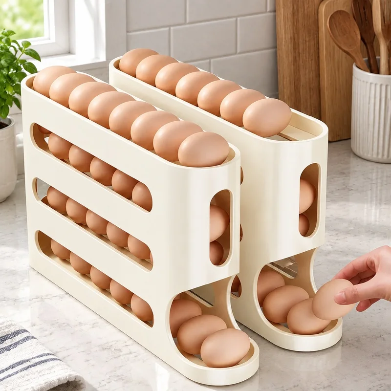 4-Tier Ladder Egg Holder for Side Fridge Door with Auto-Rolling and Spacious Storage